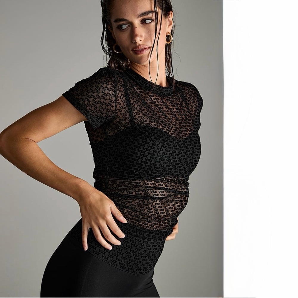 Victoria’s Secret VSX Black Sheer Mesh Logo Tee Y2K Fitted Top Size S